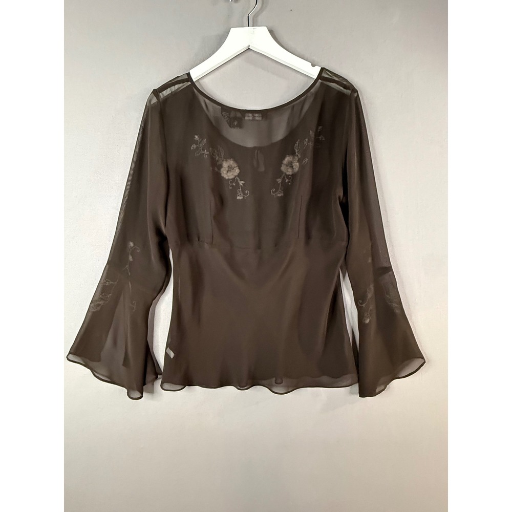 Y2K New York & Co Top Womens L Brown Sheer Babydoll Bell Sleeve Fairycore 90s - Picture 6 of 8